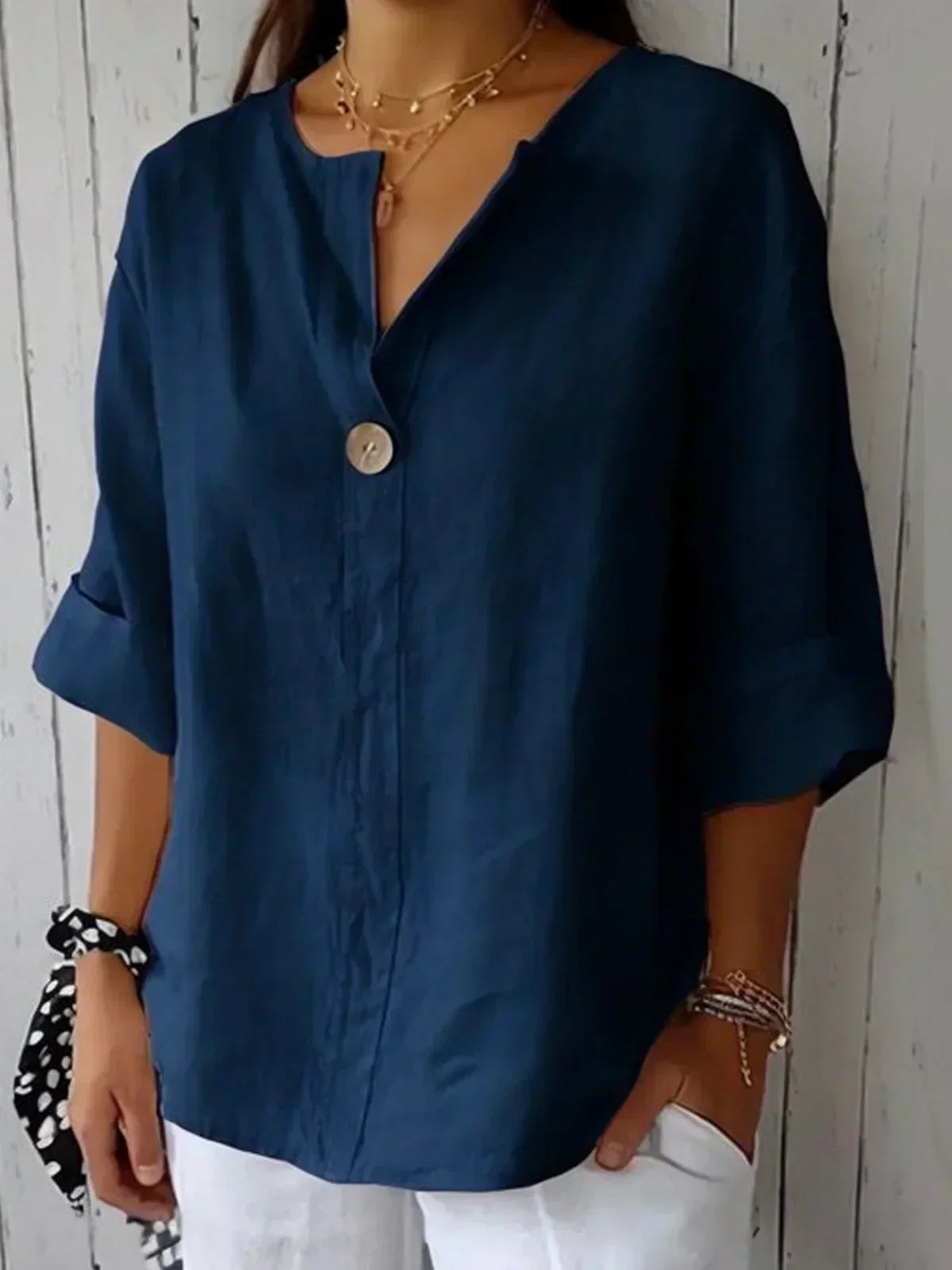 Effortless Linen Blouse for Women with V Neck Button Front Elbow Sleeve Relaxed Style