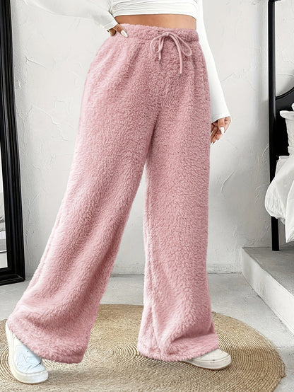 Comfortable Fuzzy Fleece Wide Leg Pants for Women with High Waist Drawstring Relaxed Casual Style