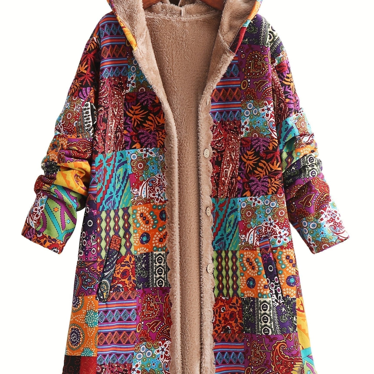 Effortless Patchwork Print Hooded Coat for Women with Fleece Lined Button Front Oversized Bohemian Style