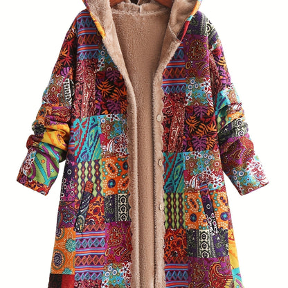 Effortless Patchwork Print Hooded Coat for Women with Fleece Lined Button Front Oversized Bohemian Style