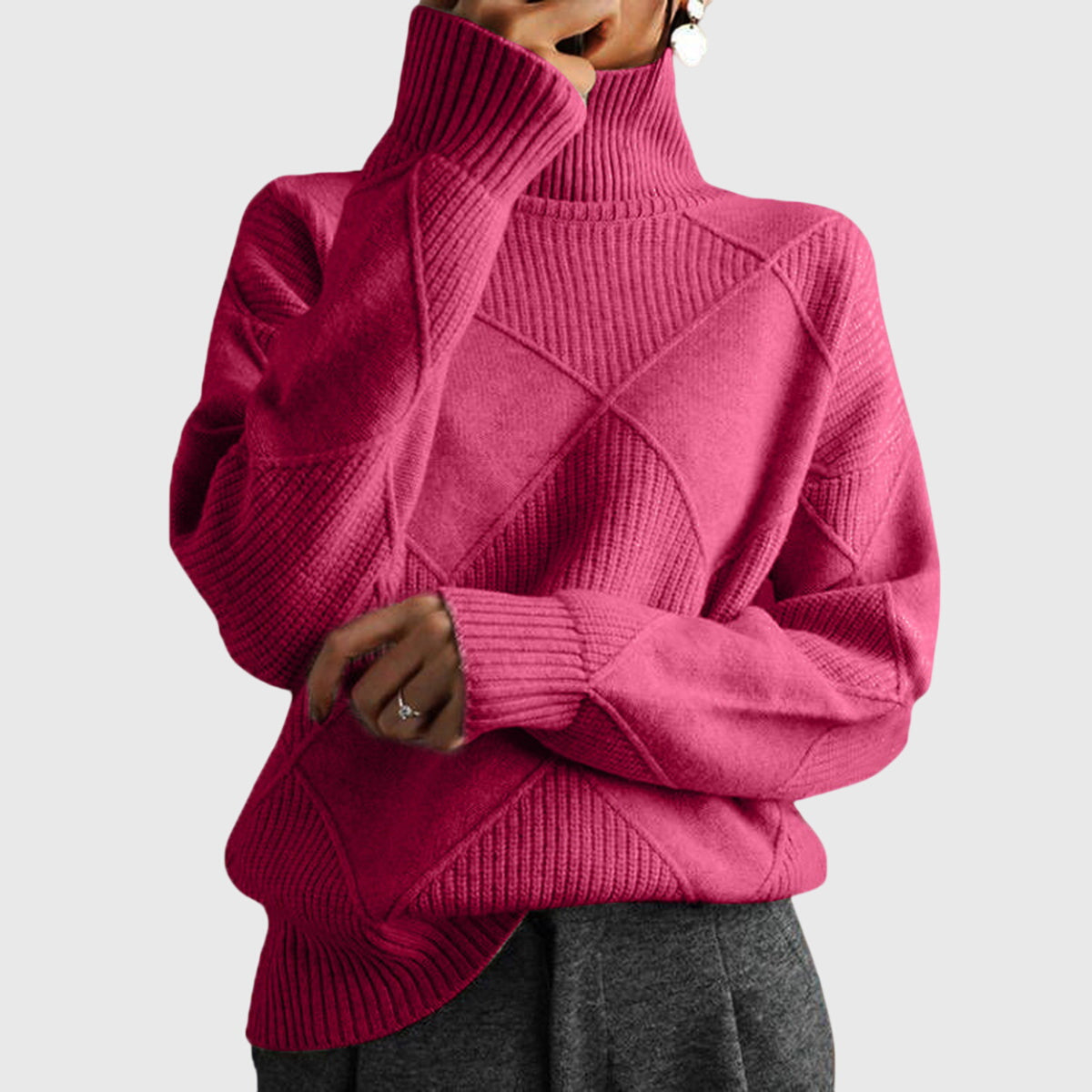 Comfortable Ribbed Knit Sweater for Women with High Neck Long Sleeve Oversized Relaxed Style