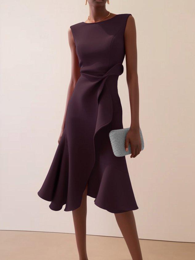 Elegant Draped Sheath Midi Dress for Women with Boat Neck Sleeveless Ruffle Hem Cocktail Style
