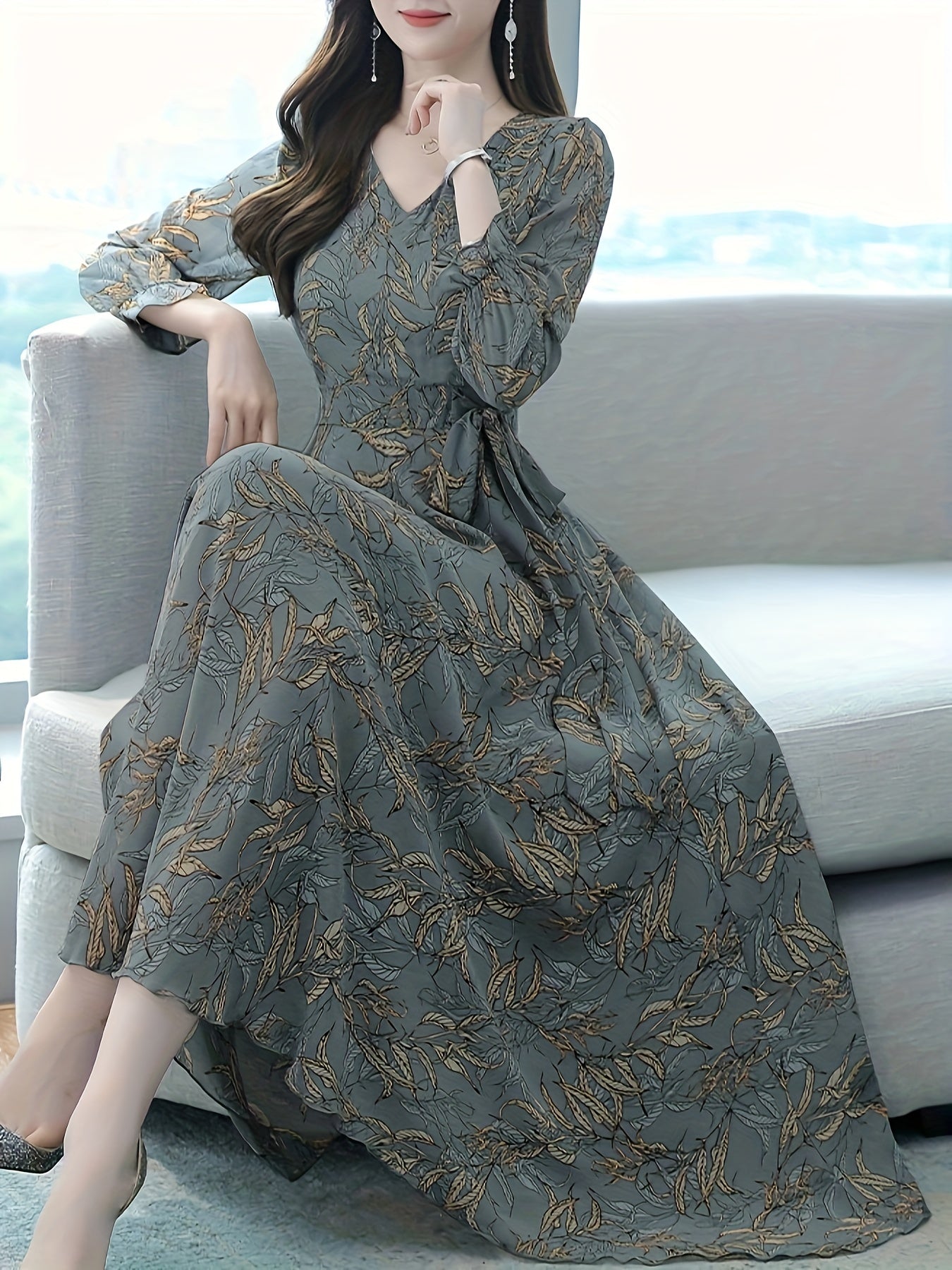 Elegant Sage Green Leaf Print Maxi Dress for Women with V Neck Long Sleeve Tie Waist Flowing Wedding Guest Style