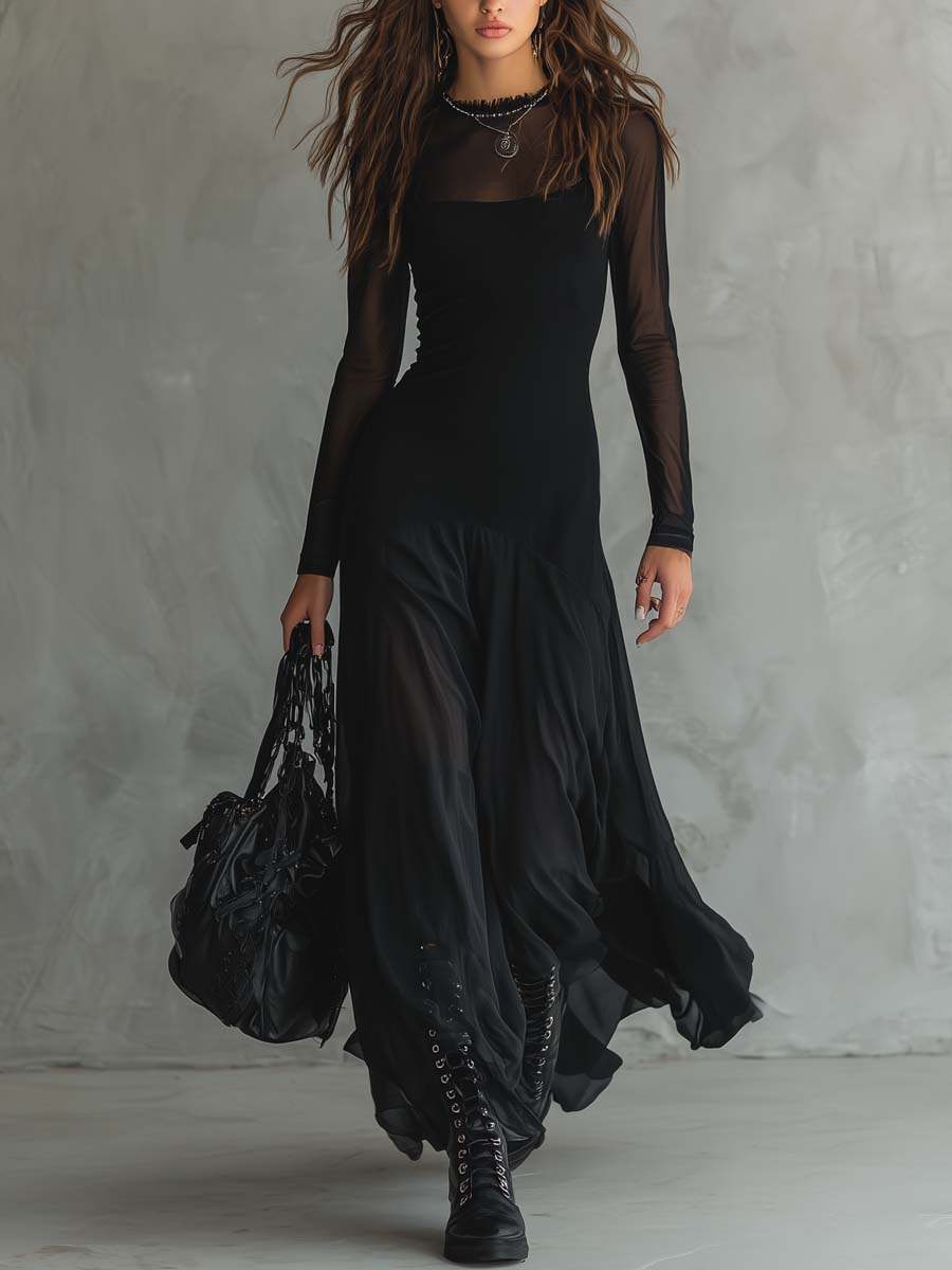 Elegant Black Mesh Maxi Dress for Women with High Neck Long Sleeve Sheer Flowing Gothic Style