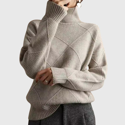 Comfortable Diamond Knit Turtleneck Sweater for Women with High Neck Long Sleeve Relaxed Oversized Style