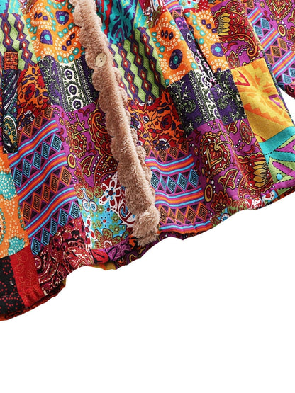Effortless Patchwork Print Hooded Coat for Women with Fleece Lined Button Front Oversized Bohemian Style