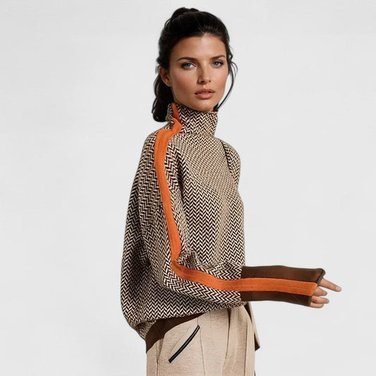 Comfortable Herringbone Sweater for Women with High Neck Batwing Sleeve Color Block Oversized Knit Style