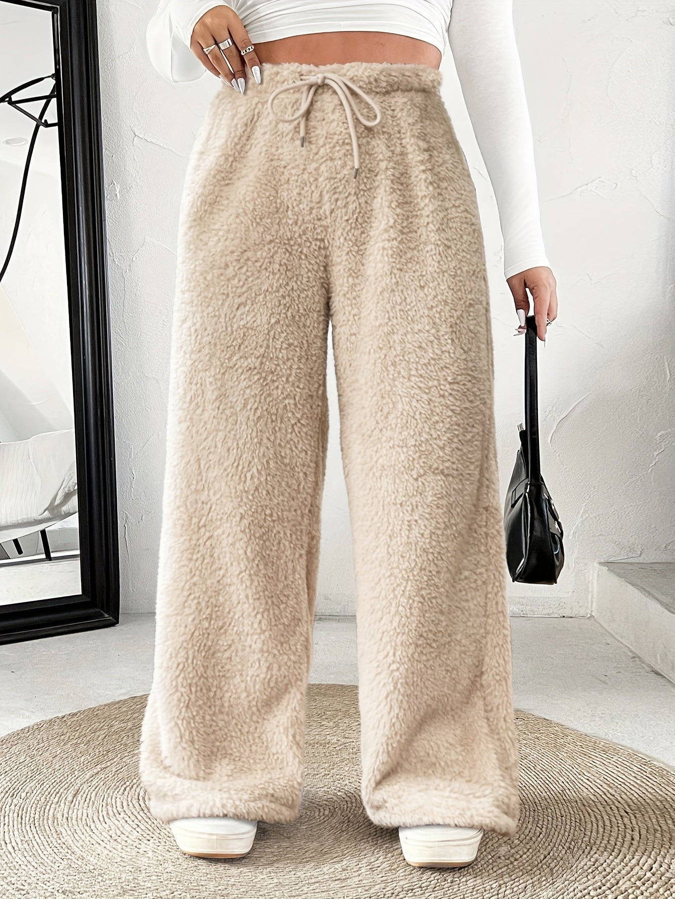 Comfortable Fuzzy Fleece Wide Leg Pants for Women with High Waist Drawstring Relaxed Casual Style