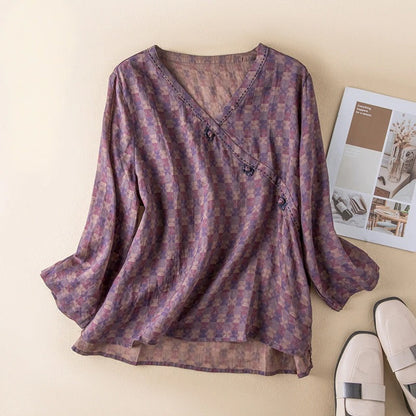 Effortless Printed Linen Blouse for Women with V Neck Bell Sleeve High Low Boho Style