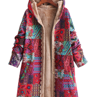 Effortless Patchwork Print Hooded Coat for Women with Fleece Lined Button Front Oversized Bohemian Style