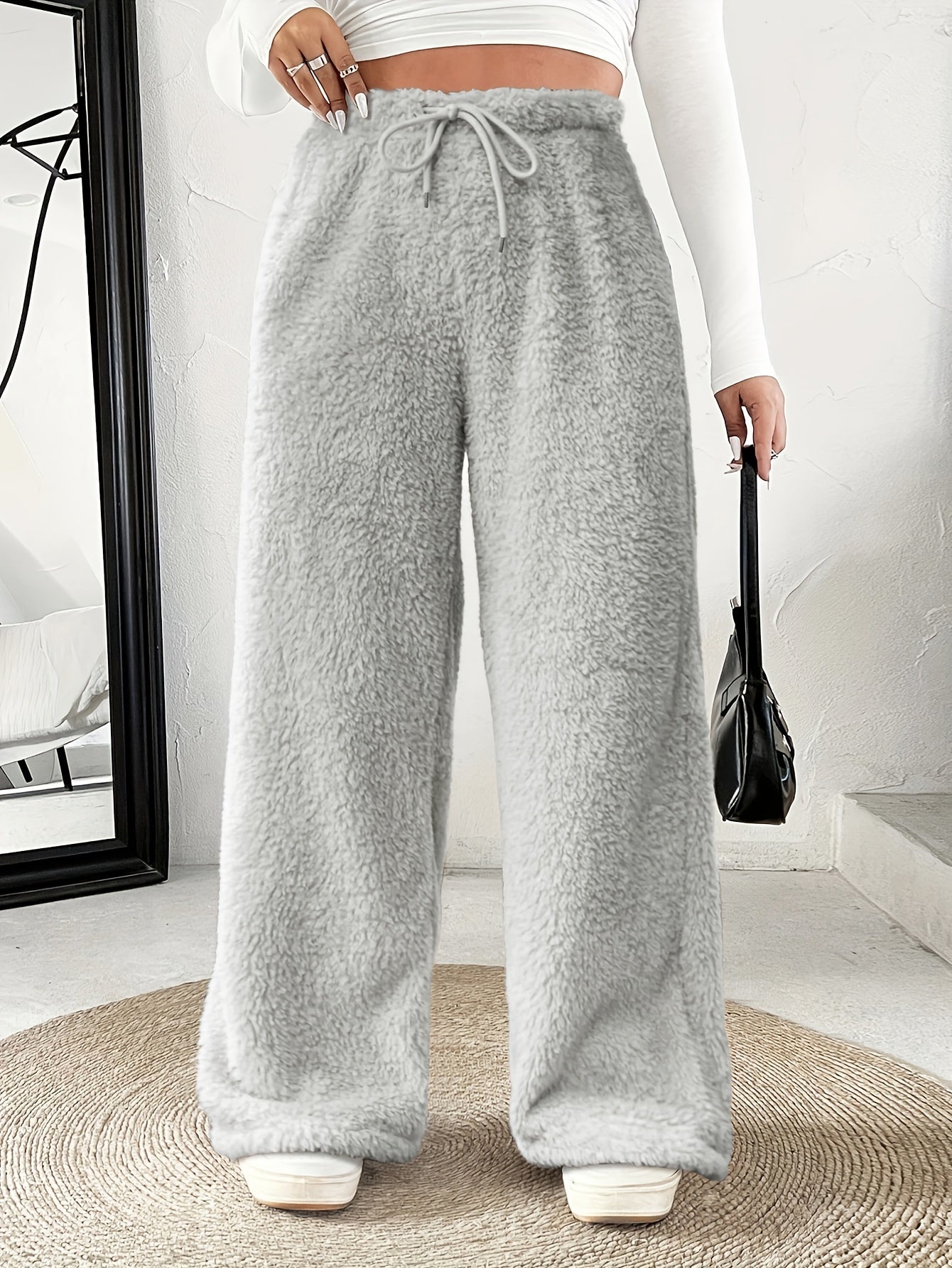 Comfortable Fuzzy Fleece Wide Leg Pants for Women with High Waist Drawstring Relaxed Casual Style