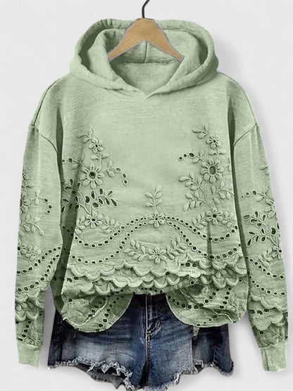 Comfortable Floral Eyelet Cropped Hoodie for Women with Hood Long Sleeve Scalloped High Low Hem Boho Style
