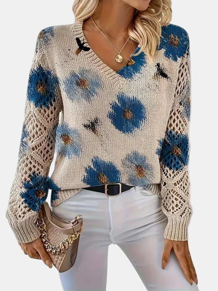 Comfortable Floral Crochet Sweater for Women with V Neck Long Sleeve Relaxed Oversized Knit Style
