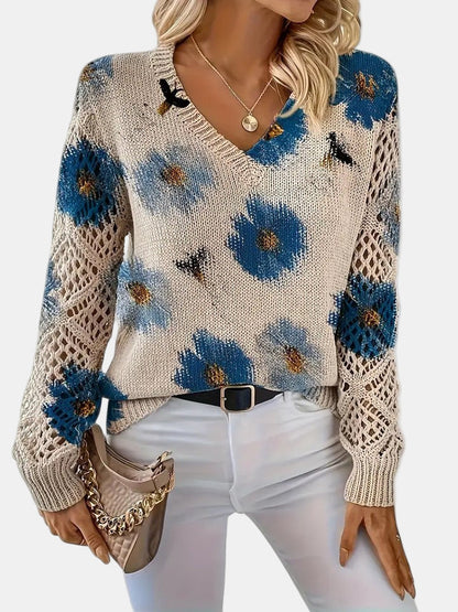 Comfortable Floral Crochet Sweater for Women with V Neck Long Sleeve Relaxed Oversized Knit Style