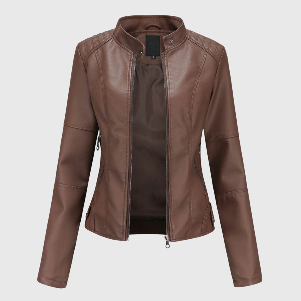 Elegant Leather Moto Jacket for Women with Stand Collar Long Sleeve Quilted Fitted Style