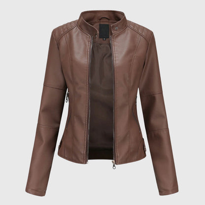 Elegant Leather Moto Jacket for Women with Stand Collar Long Sleeve Quilted Fitted Style