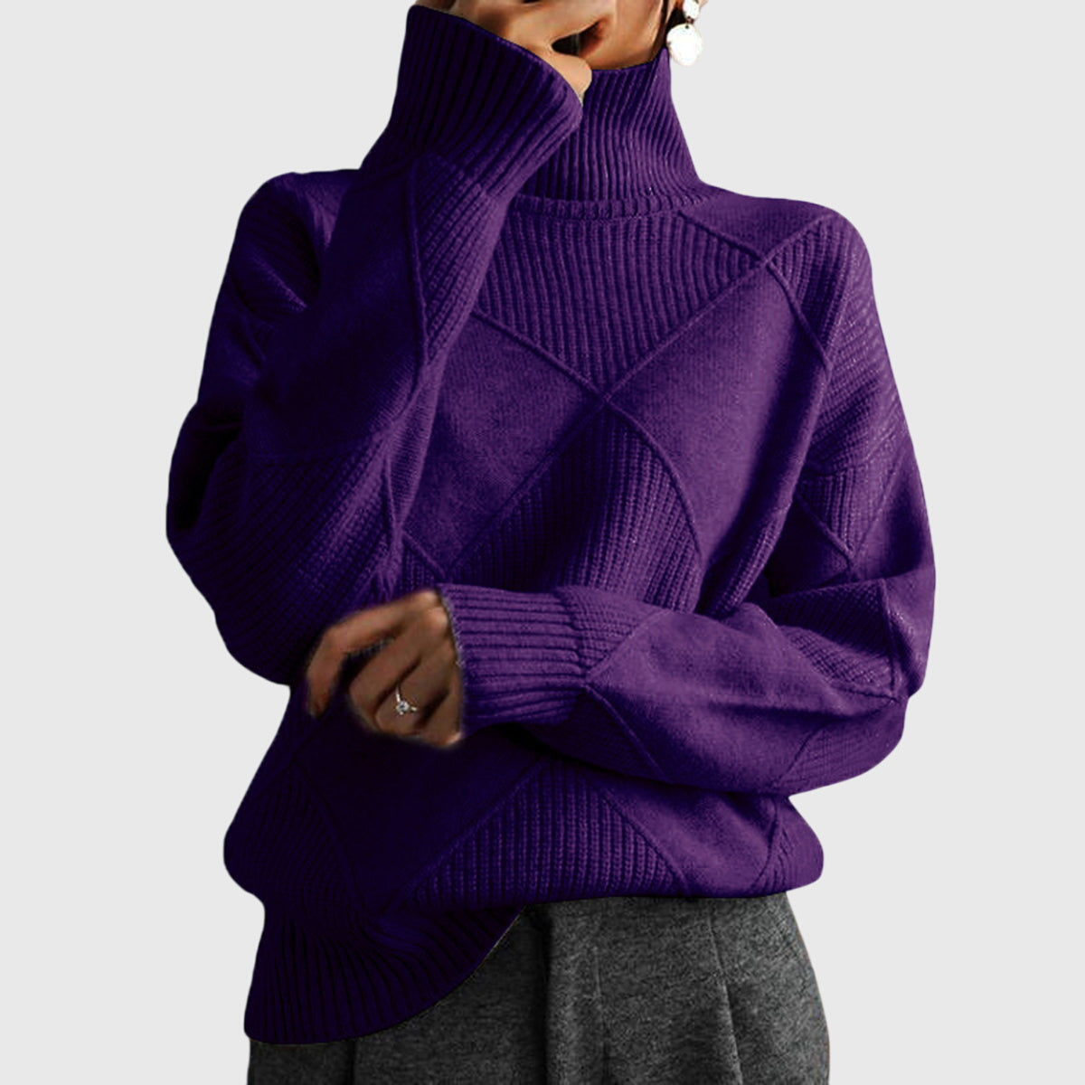 Comfortable Diamond Knit Turtleneck Sweater for Women with High Neck Long Sleeve Relaxed Oversized Style