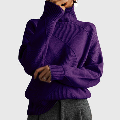 Comfortable Diamond Knit Turtleneck Sweater for Women with High Neck Long Sleeve Relaxed Oversized Style