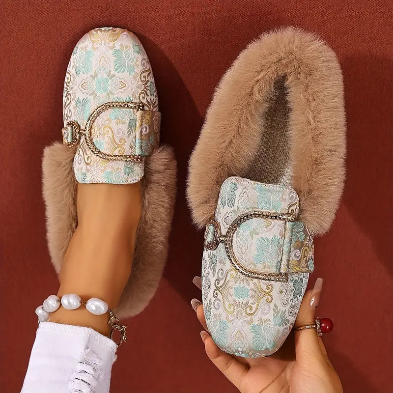 Comfortable Beige Mules for Women with Faux Fur Trim Buckle Detail Slip On Style