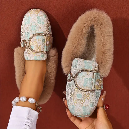 Comfortable Beige Mules for Women with Faux Fur Trim Buckle Detail Slip On Style