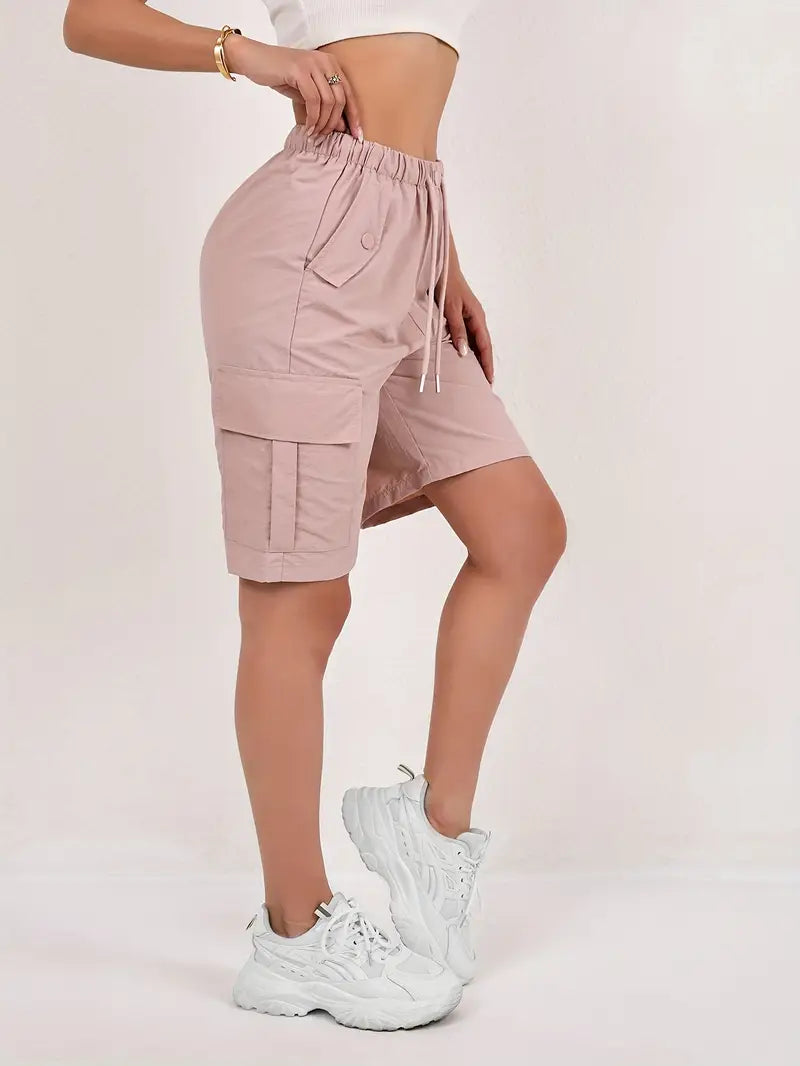 Effortless Pink Cargo Shorts for Women with High Waist Drawstring Relaxed Bermuda Style