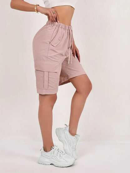 Effortless Pink Cargo Shorts for Women with High Waist Drawstring Relaxed Bermuda Style