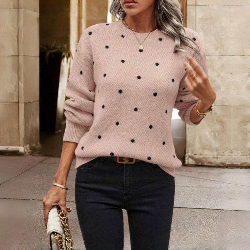 Comfortable Polka Dot Sweater for Women with Round Neck Long Sleeve Relaxed Oversized Knit Style