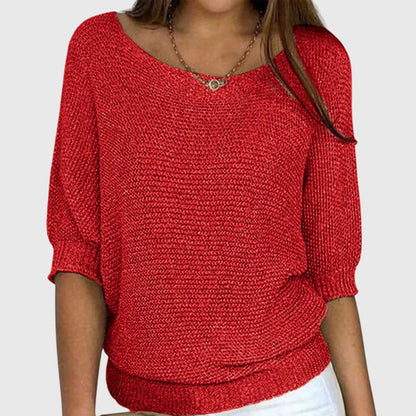 Comfortable Ribbed Sweater for Women with Scoop Neck Batwing Sleeve Relaxed Oversized Knit Style