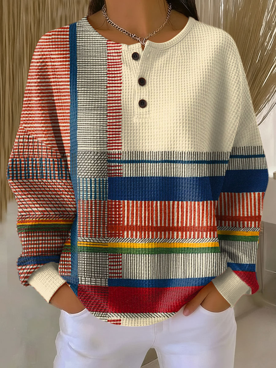 Effortless Colorblock Striped Waffle Knit Henley Top for Women with Round Neck Long Sleeve Button Front Relaxed Style