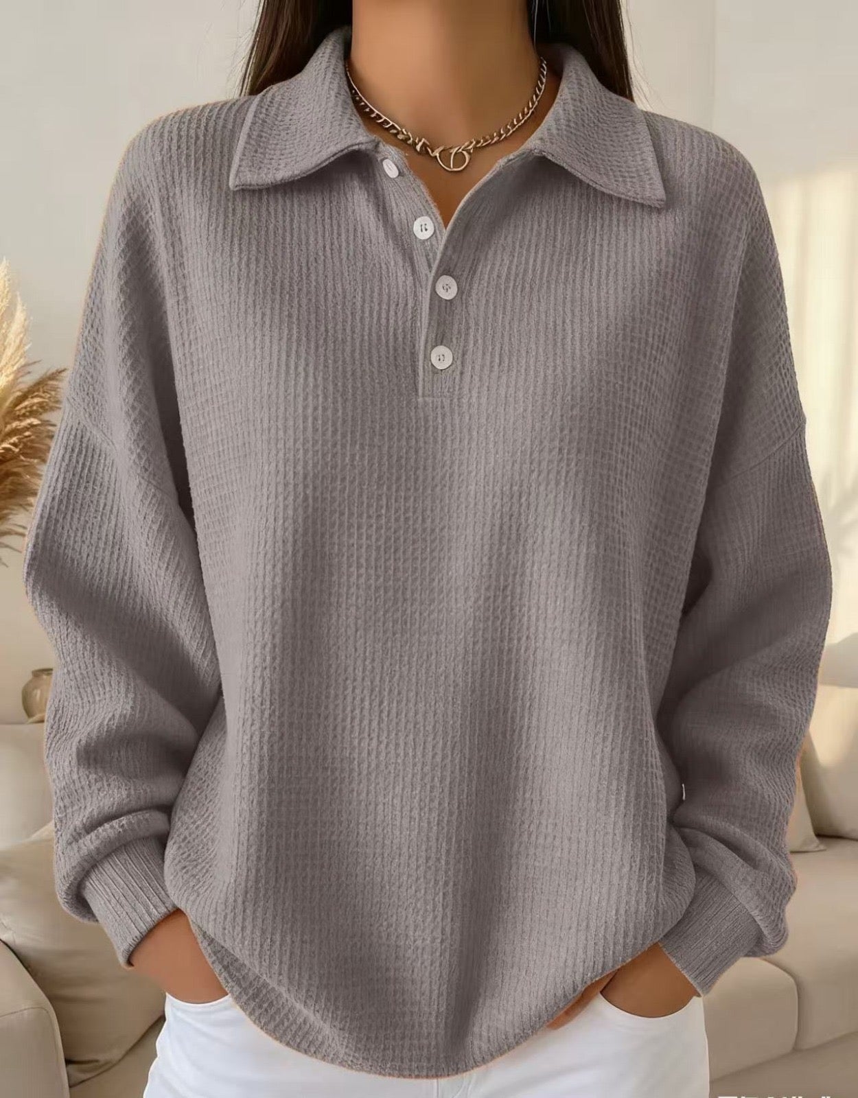 Comfortable Waffle Knit Polo Sweater for Women with Collared Long Sleeve Button Front Oversized Style