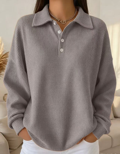 Comfortable Waffle Knit Polo Sweater for Women with Collared Long Sleeve Button Front Oversized Style