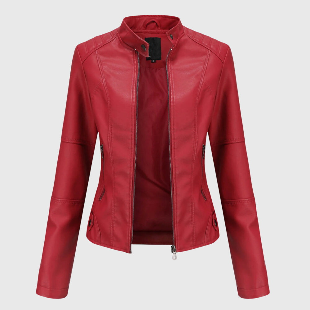 Elegant Leather Moto Jacket for Women with Stand Collar Long Sleeve Quilted Fitted Style