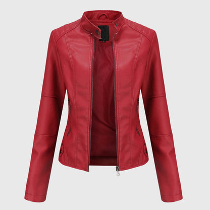 Elegant Leather Moto Jacket for Women with Stand Collar Long Sleeve Quilted Fitted Style