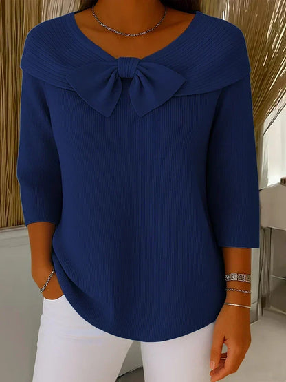 Comfortable Ribbed Knit Sweater for Women with V Neck Bow Tie Elbow Sleeve Relaxed Style