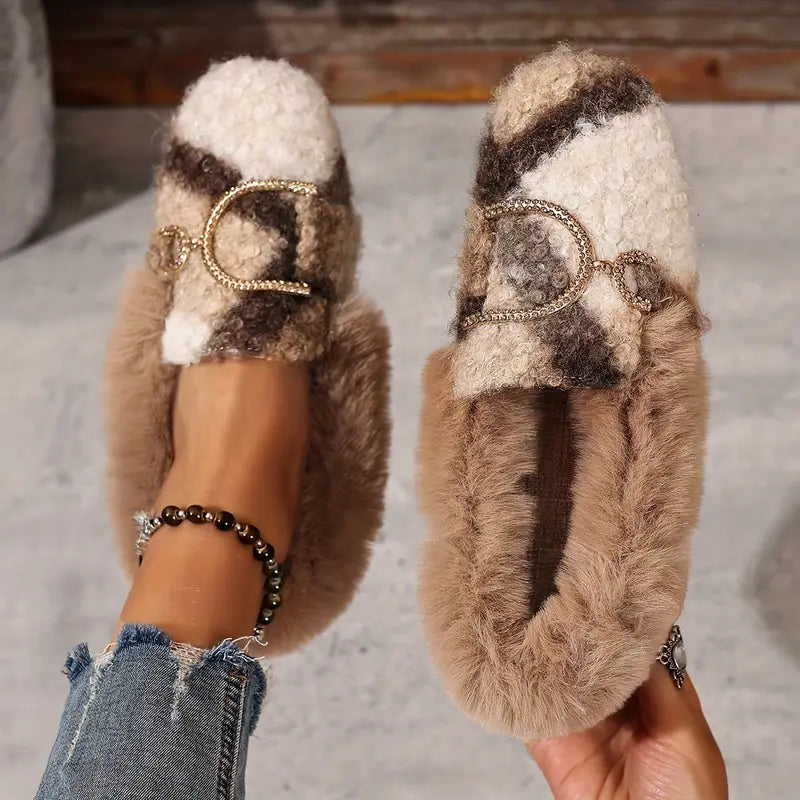 Comfortable Beige Slippers for Women with Faux Fur Upper Bow Detail Slip On House Shoe Style