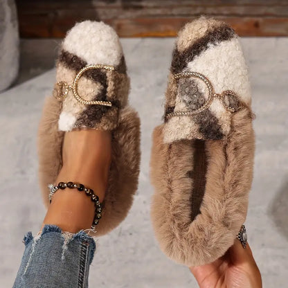 Comfortable Beige Slippers for Women with Faux Fur Upper Bow Detail Slip On House Shoe Style