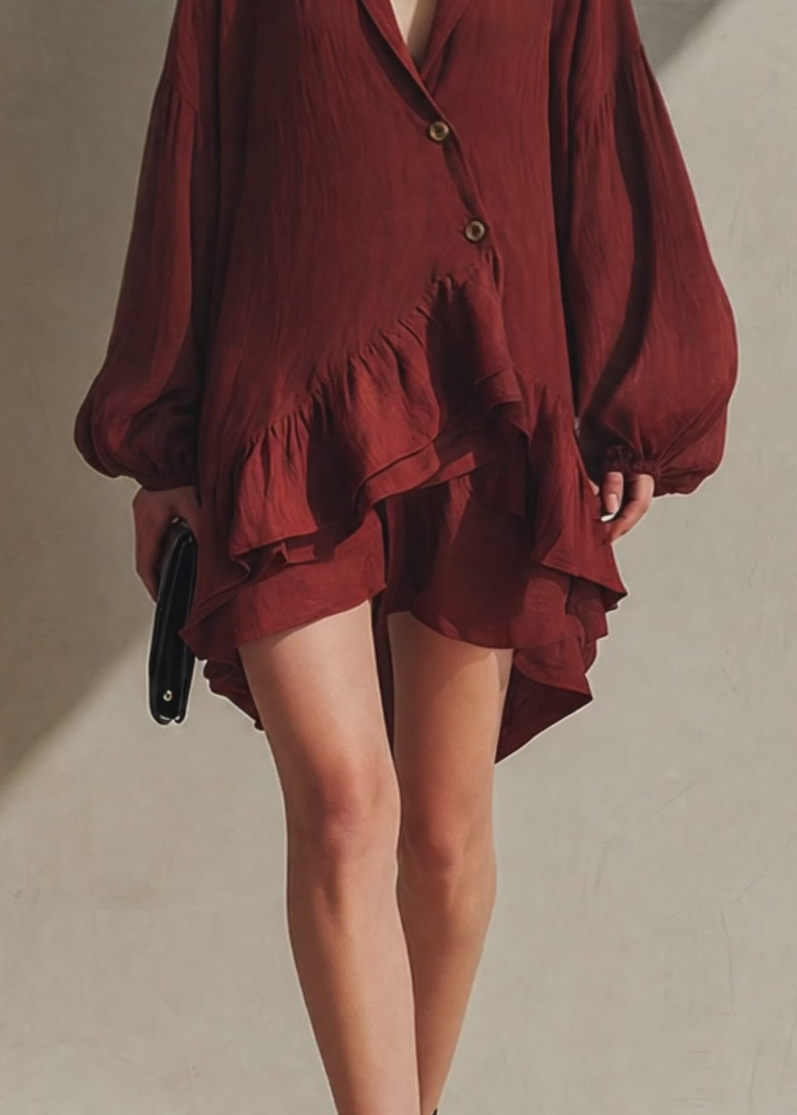Effortless Red Mini Dress for Women with V Neck Button Front Balloon Sleeve Ruffle Hem Style