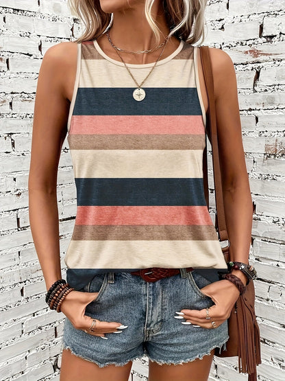 Effortless Striped Colorblock Tank for Women with Crew Neck Sleeveless Relaxed Boho Style