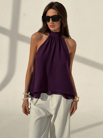 Elegant Purple Chiffon Blouse for Women with Halter Neck Sleeveless Flowing Silky Style