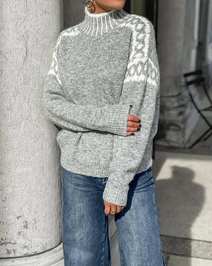 Comfortable Fair Isle Sweater for Women with Mock Neck Long Sleeve Oversized Knit Style