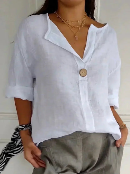 Effortless Linen Blouse for Women with V Neck Button Front Elbow Sleeve Relaxed Style