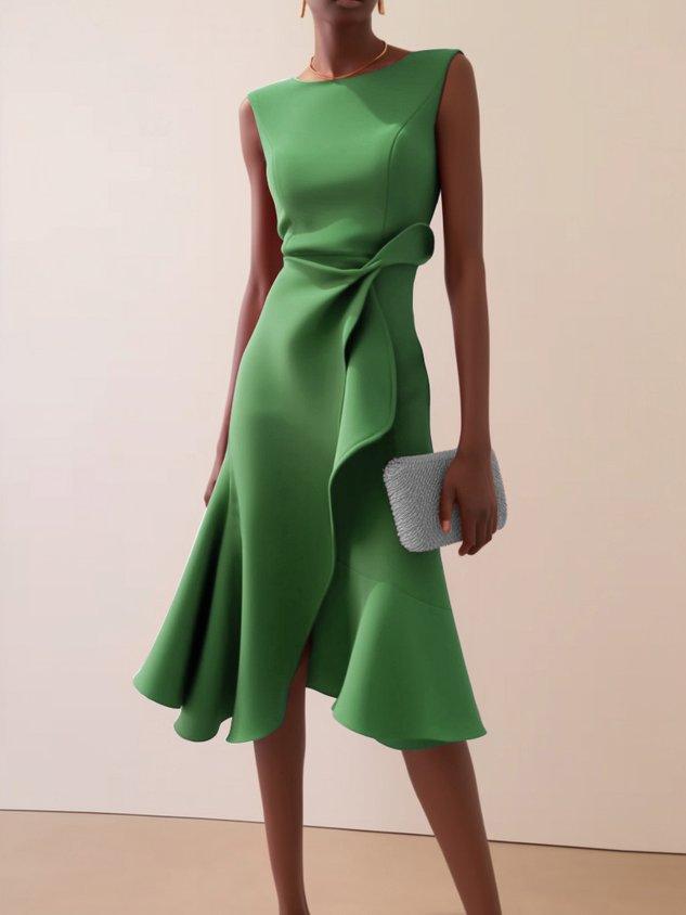 Elegant Draped Sheath Midi Dress for Women with Boat Neck Sleeveless Ruffle Hem Cocktail Style