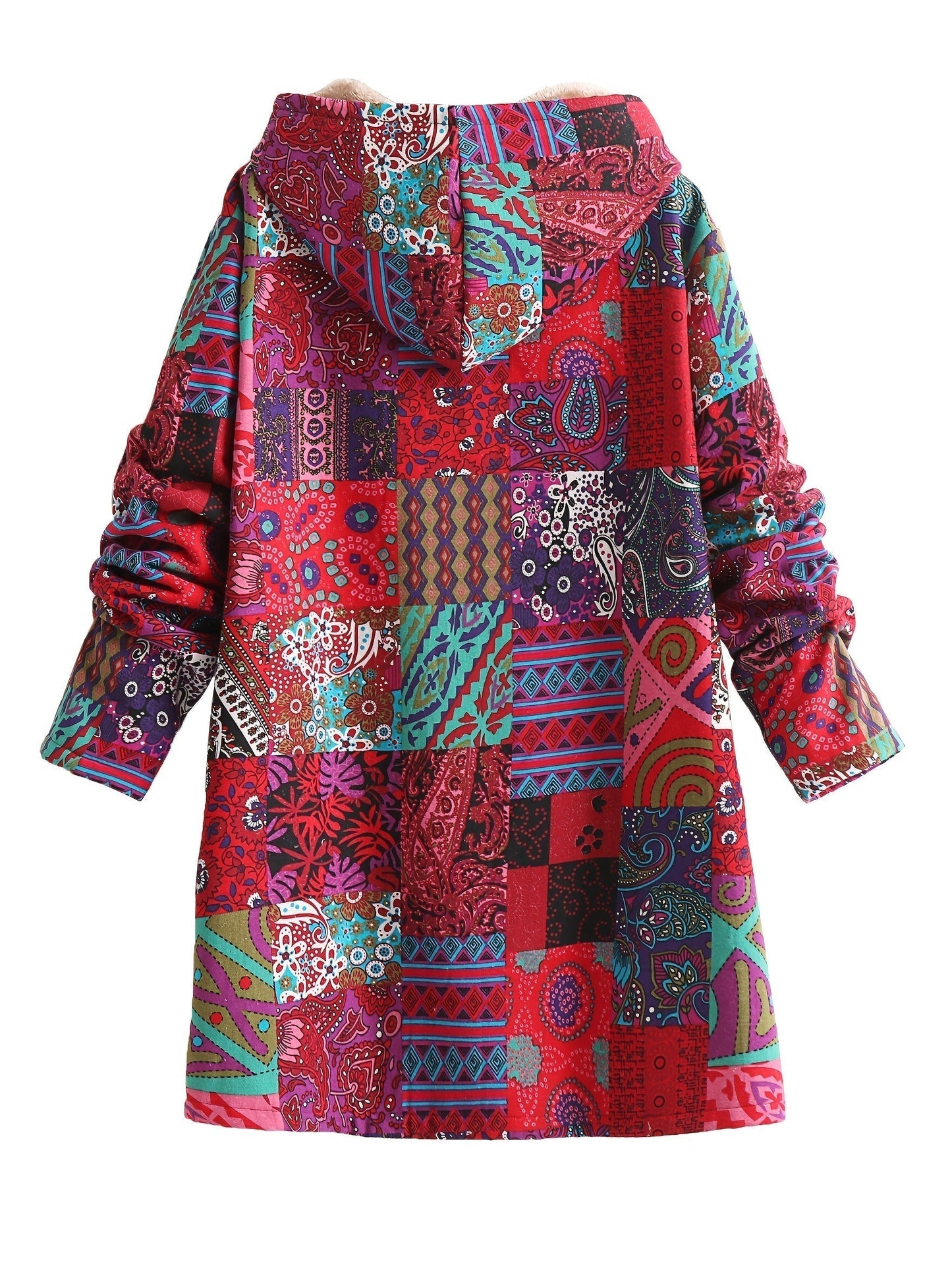 Effortless Patchwork Print Hooded Coat for Women with Fleece Lined Button Front Oversized Bohemian Style