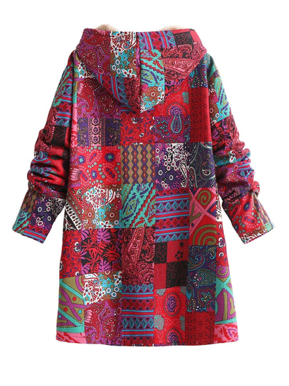 Effortless Patchwork Print Hooded Coat for Women with Fleece Lined Button Front Oversized Bohemian Style