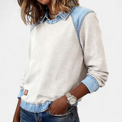 Effortless Denim Trim Sweatshirt for Women with Point Collar Long Sleeve Colorblock Casual Style