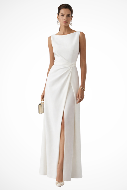 Elegant White Maxi Dress for Women with Boat Neck Sleeveless Ruched Waist Slit Formal Wedding Guest Style