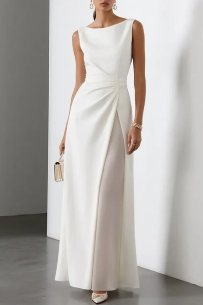 Elegant White Maxi Dress for Women with Boat Neck Sleeveless Ruched Waist Slit Formal Wedding Guest Style