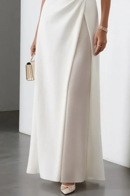 Elegant White Maxi Dress for Women with Boat Neck Sleeveless Ruched Waist Slit Formal Wedding Guest Style