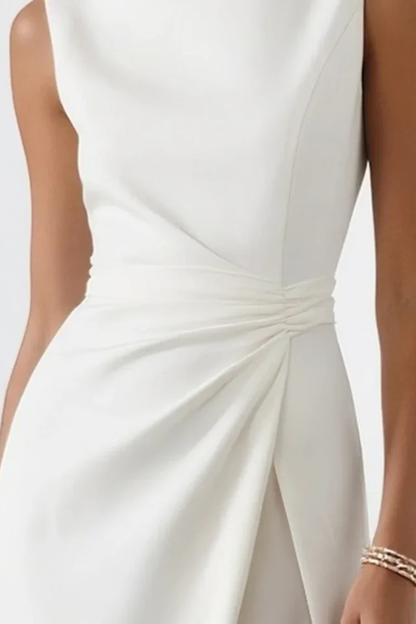 Elegant White Maxi Dress for Women with Boat Neck Sleeveless Ruched Waist Slit Formal Wedding Guest Style