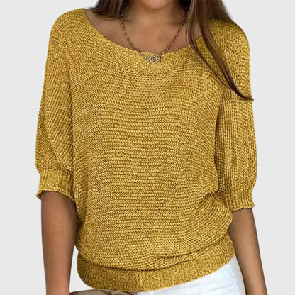 Comfortable Ribbed Sweater for Women with Scoop Neck Batwing Sleeve Relaxed Oversized Knit Style